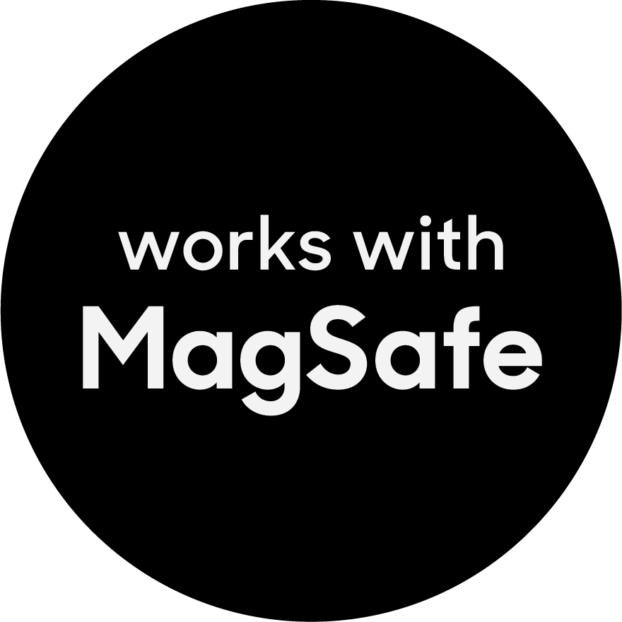 Black circle with text 'works with MagSafe' inside.
