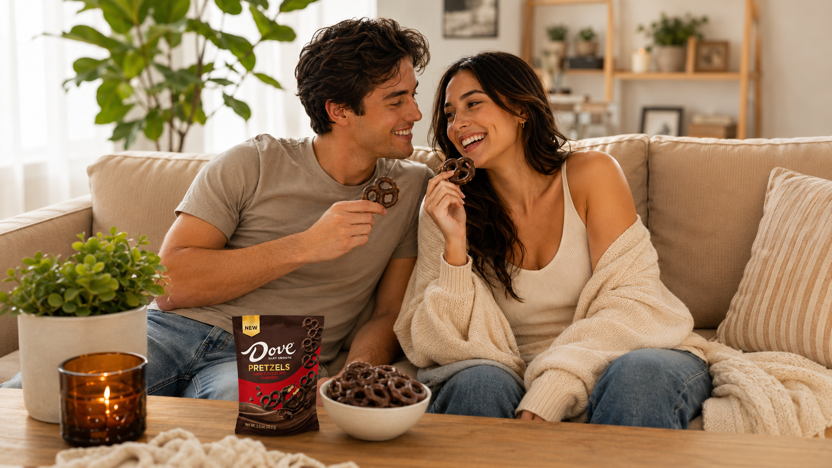 A smiling man and woman sit on a couch eating Dove chocolate-covered pretzels together.
