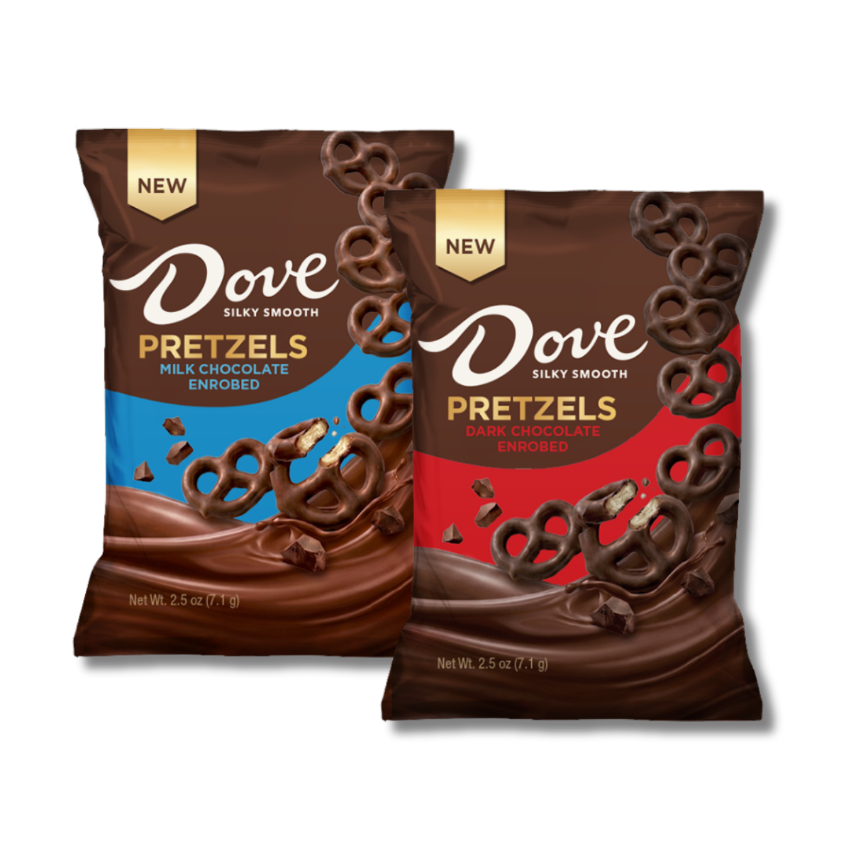 Two bags of Dove chocolate-covered pretzels, one milk chocolate and one dark chocolate, on a white background.