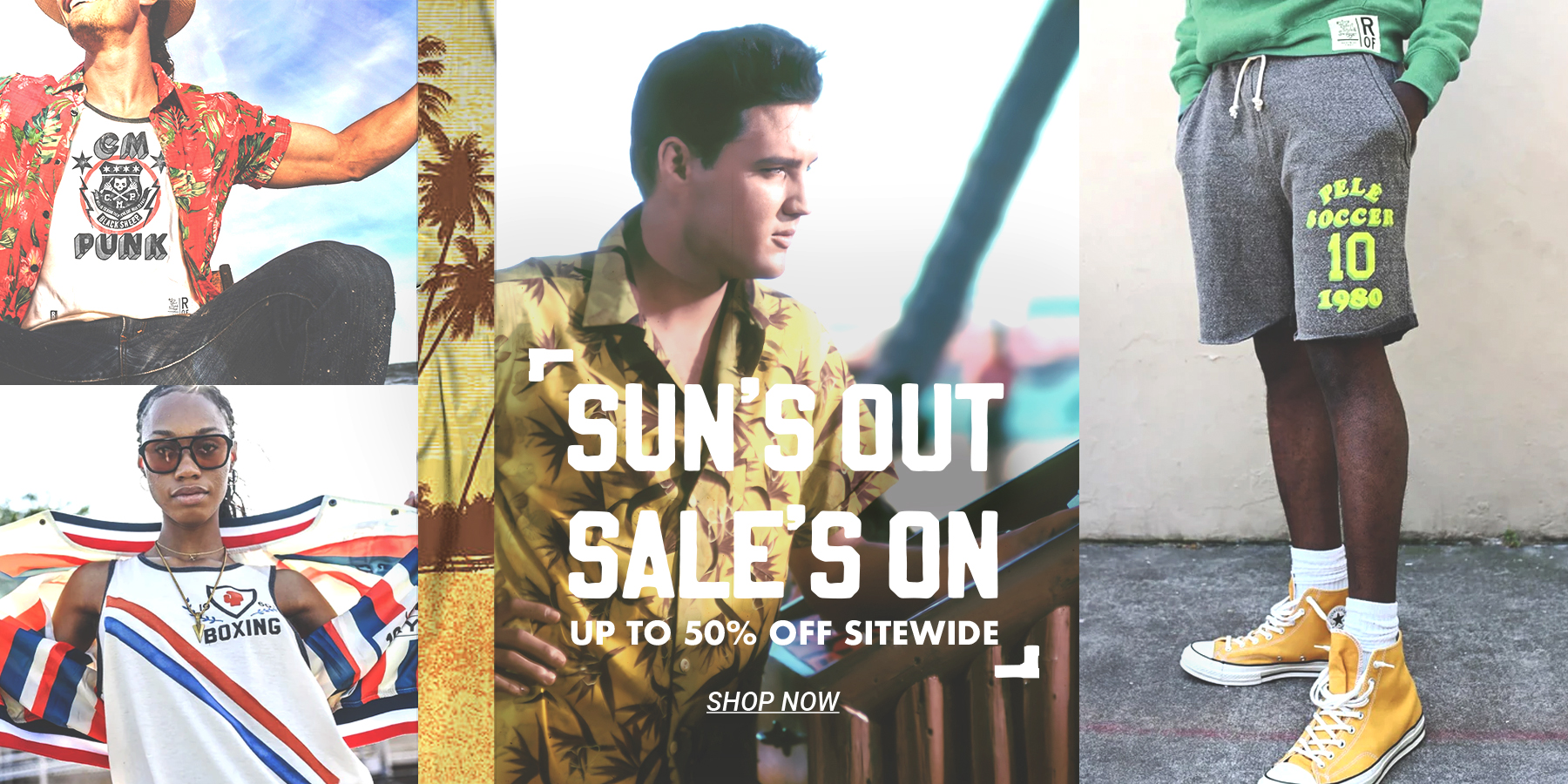 Collage of people in summer clothing with text 'Sun's Out, Sale's On'.