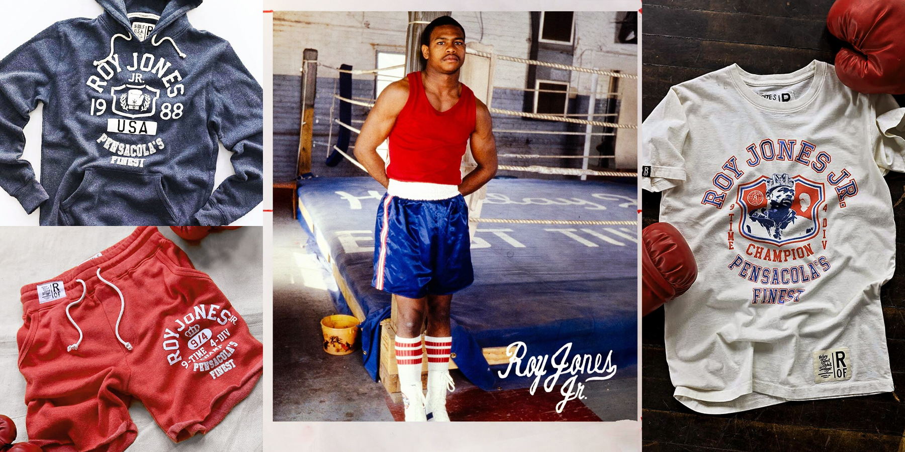 Collage of Roy Jones Jr. apparel and a boxer in a ring.