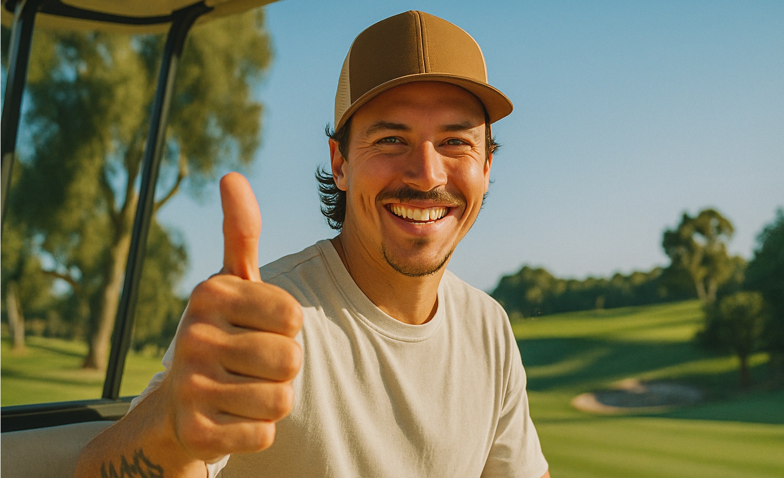 Smiling person in a cap giving a thumbs-up outdoors.