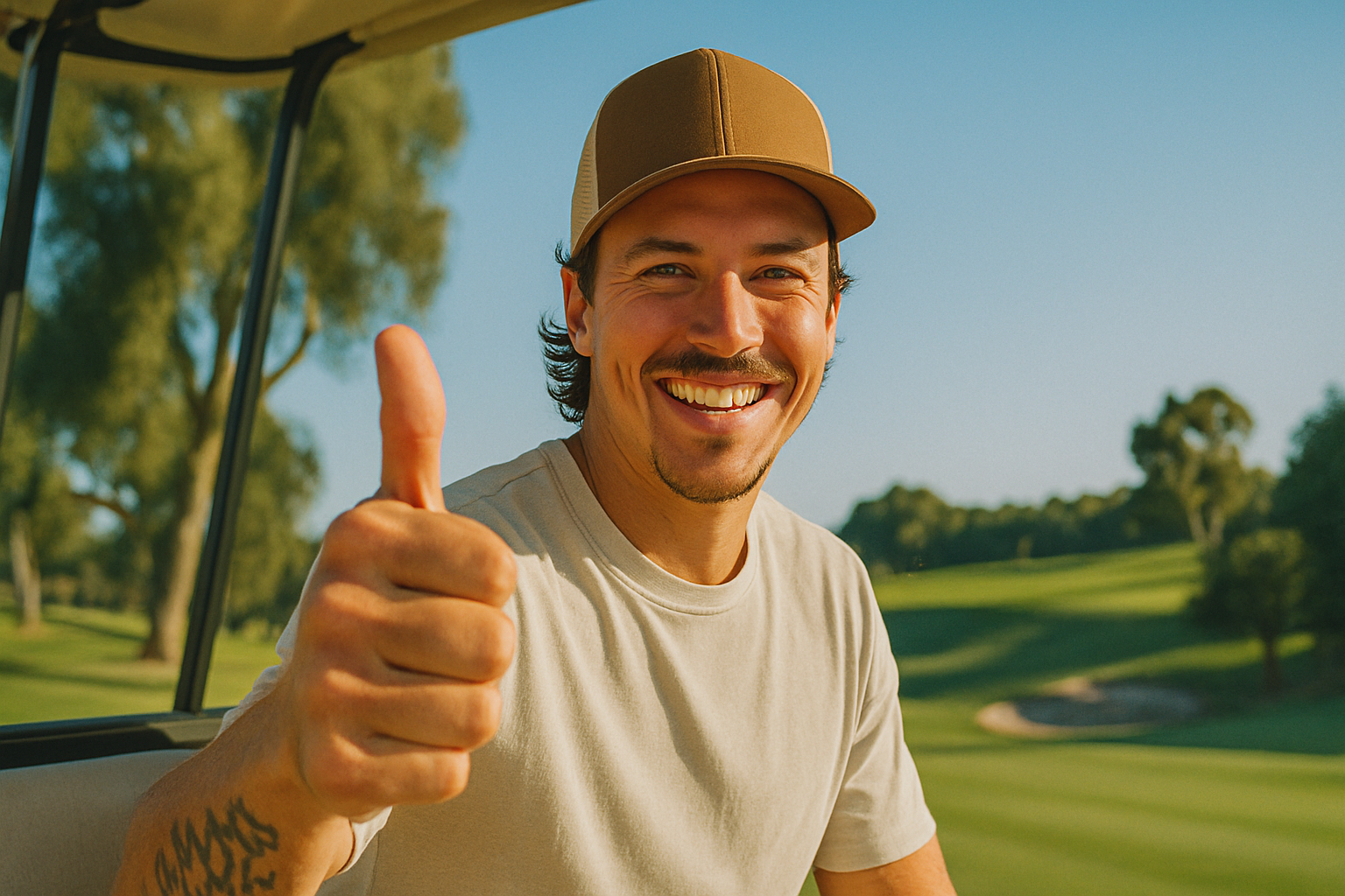 Smiling man in a cap giving a thumbs-up outdoors.