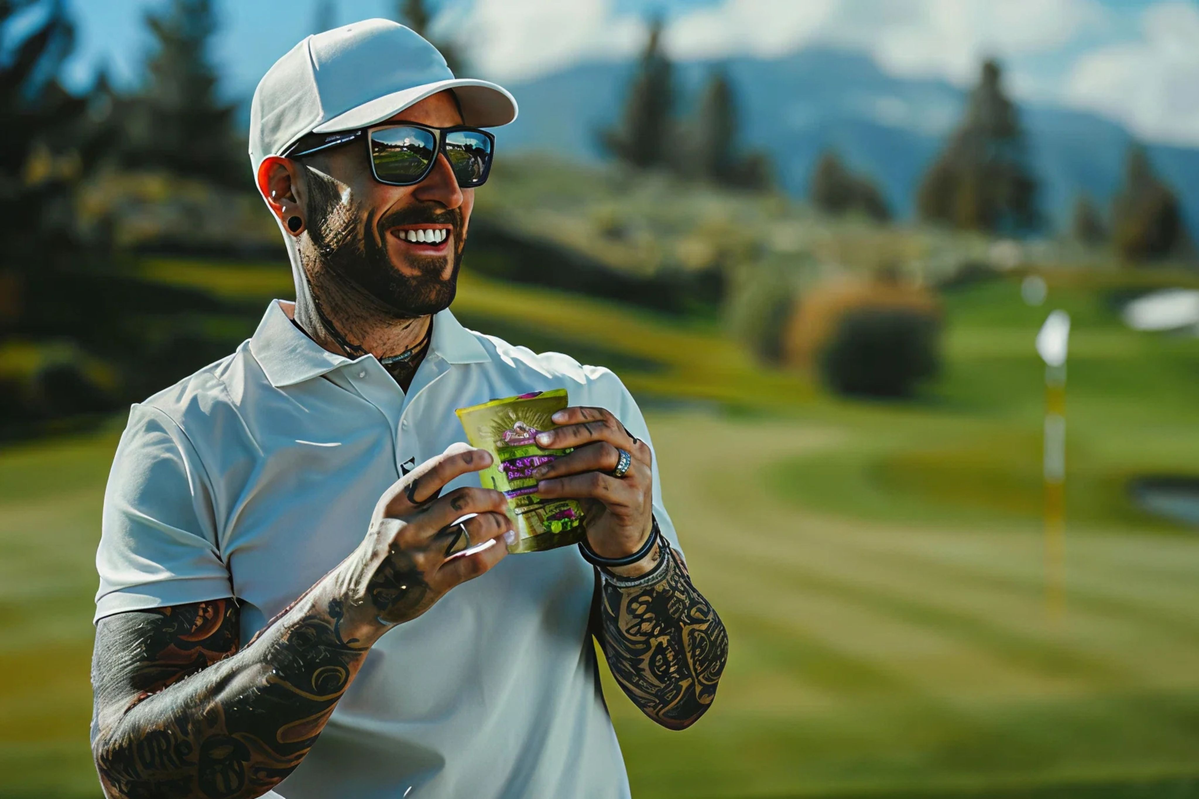 Smiling person with tattoos holding a snack on a golf course.