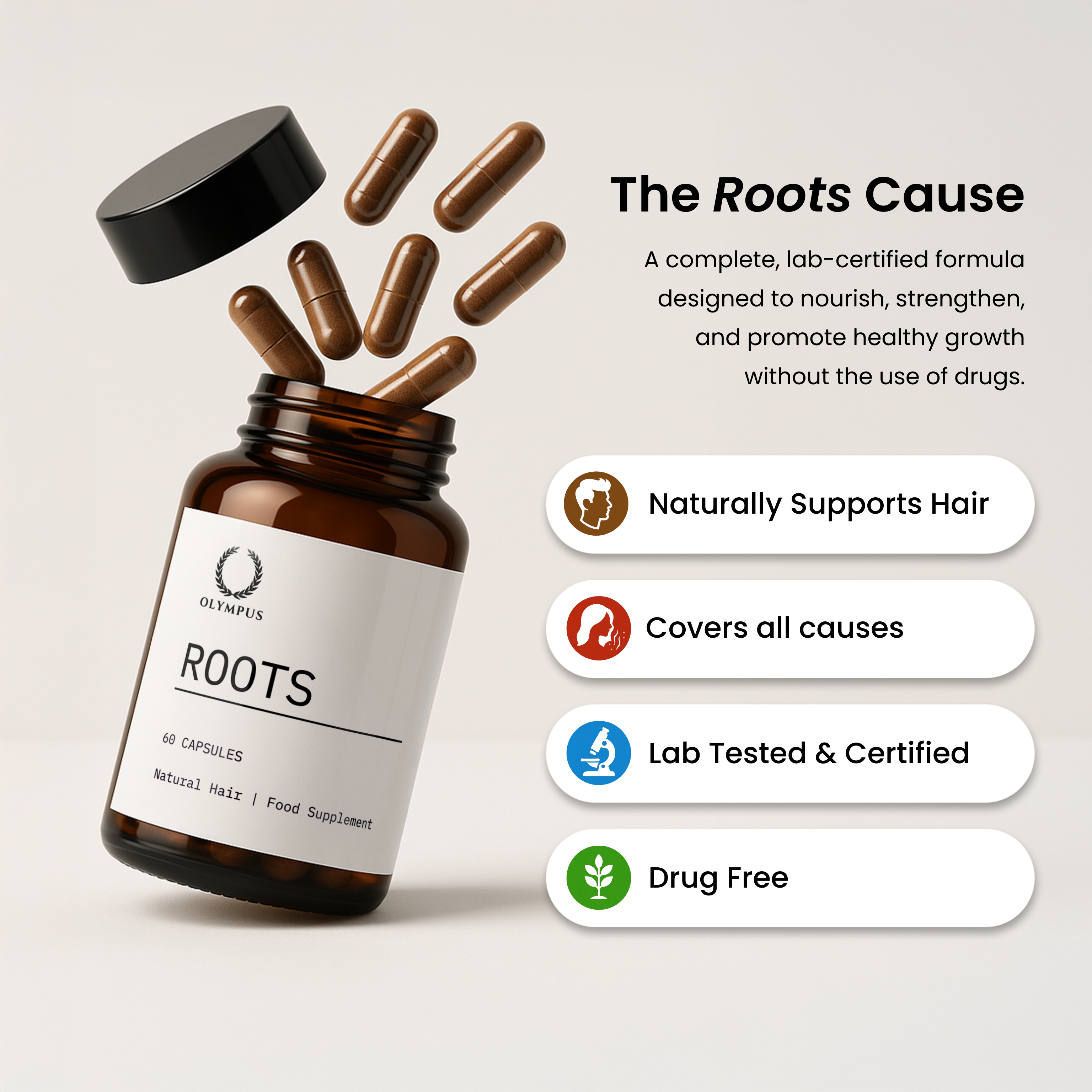 A bottle of Olympus Roots hair supplement, with capsules spilling out, next to a list of product benefits.