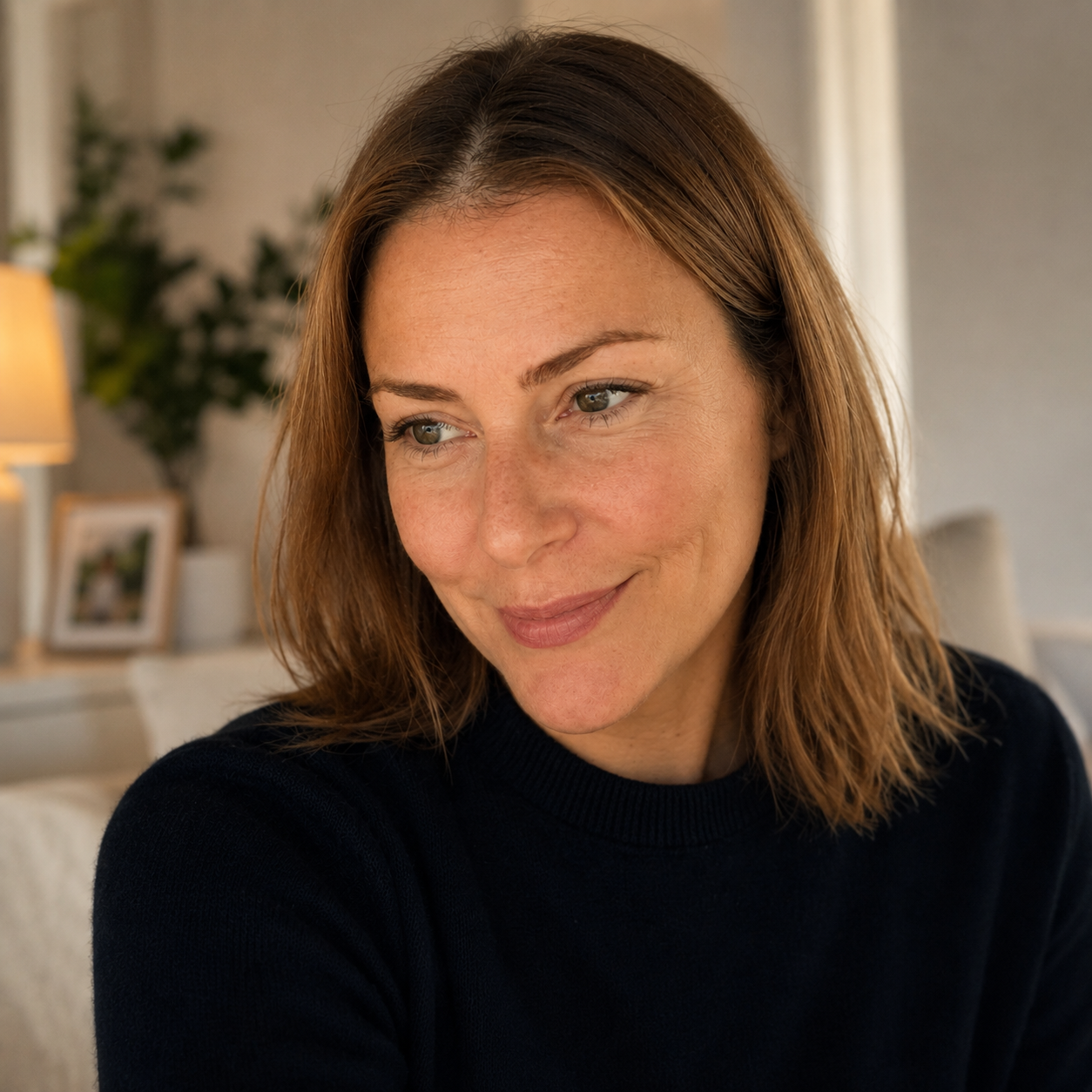 A woman with light brown hair and a dark sweater looks down and to the side with a slight smile.