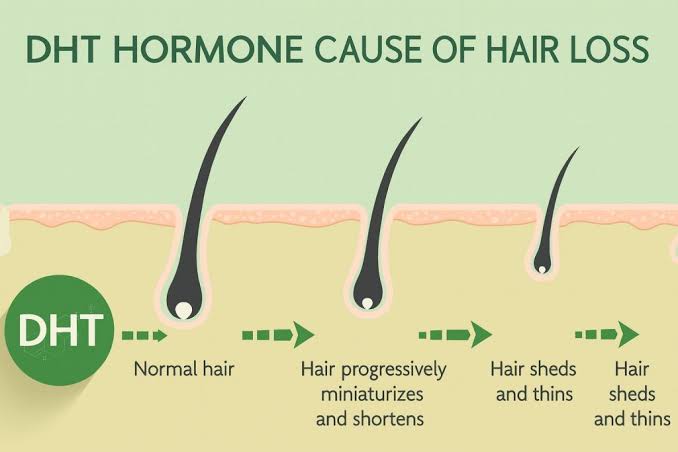 An infographic illustrating how the DHT hormone causes progressive hair loss by shrinking hair follicles.