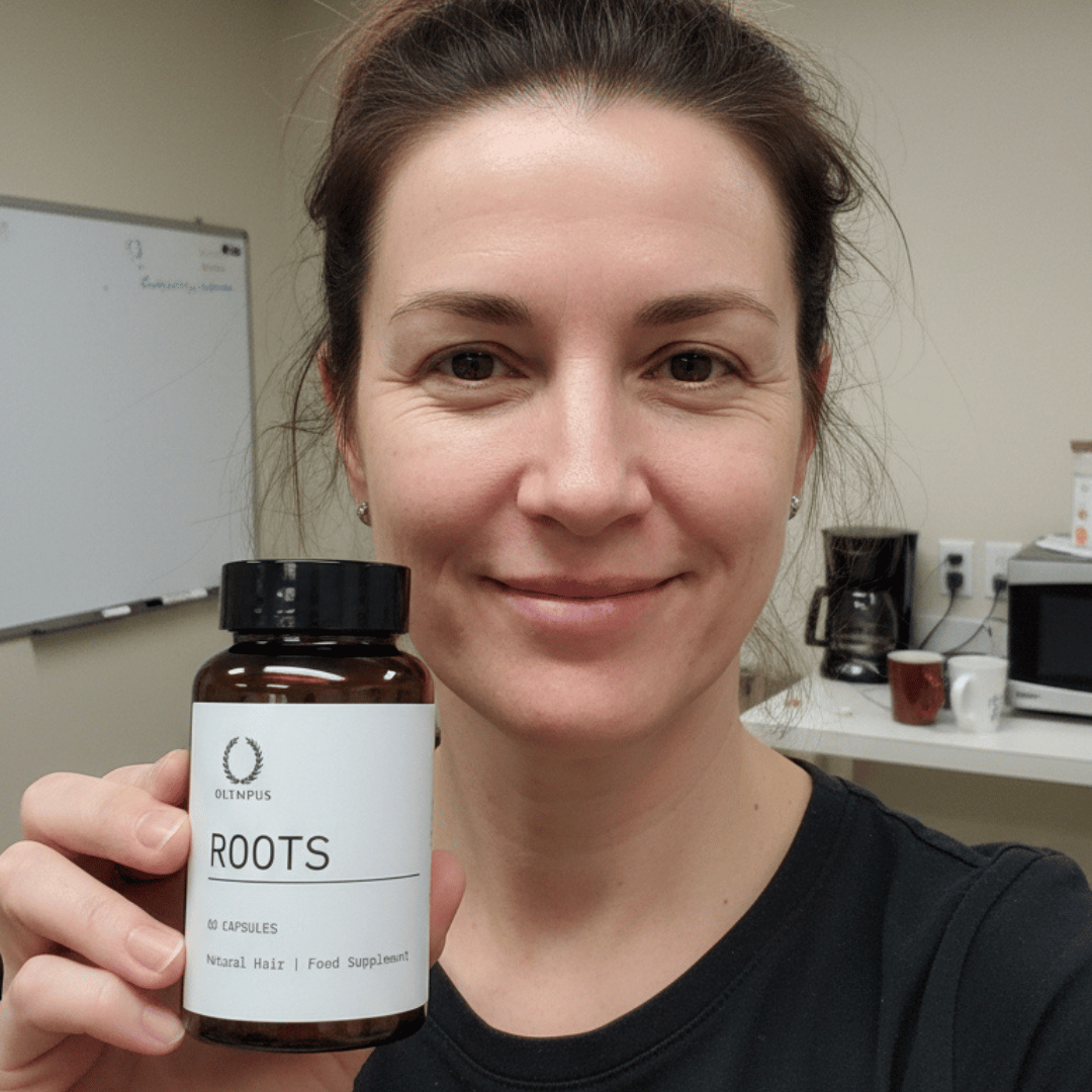 A smiling woman holds up a bottle of Oltnpus Roots hair food supplement in an office setting.