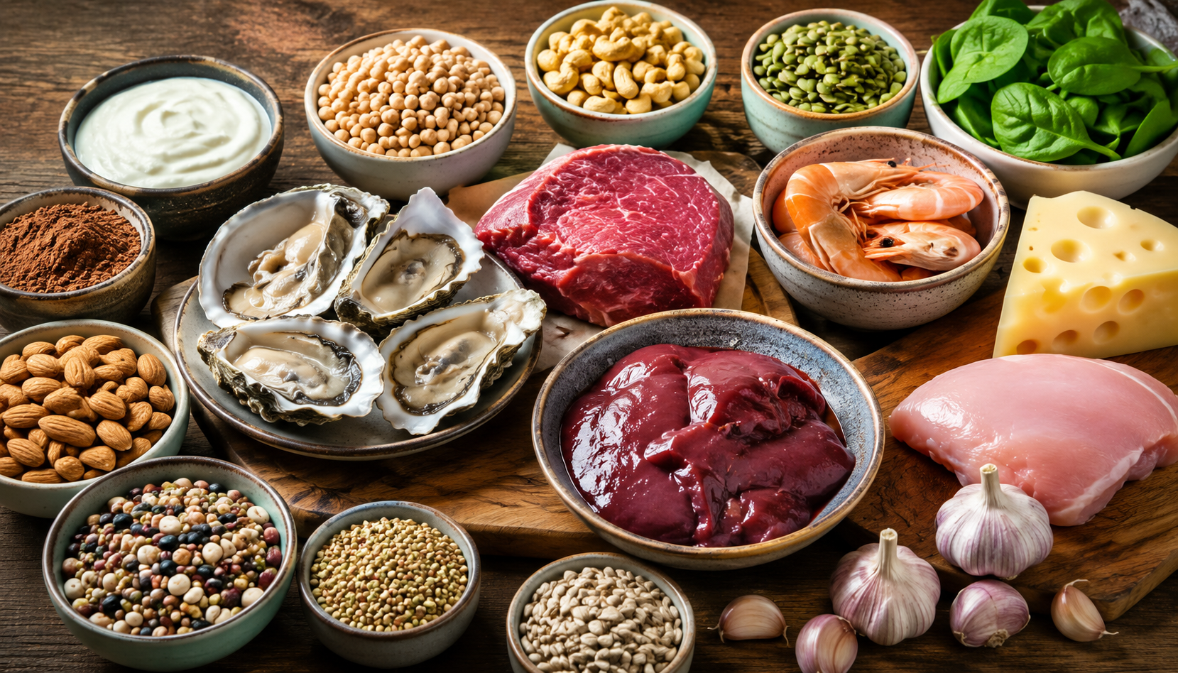 An assortment of raw meats, seafood, cheese, nuts, and legumes arranged on a wooden table.