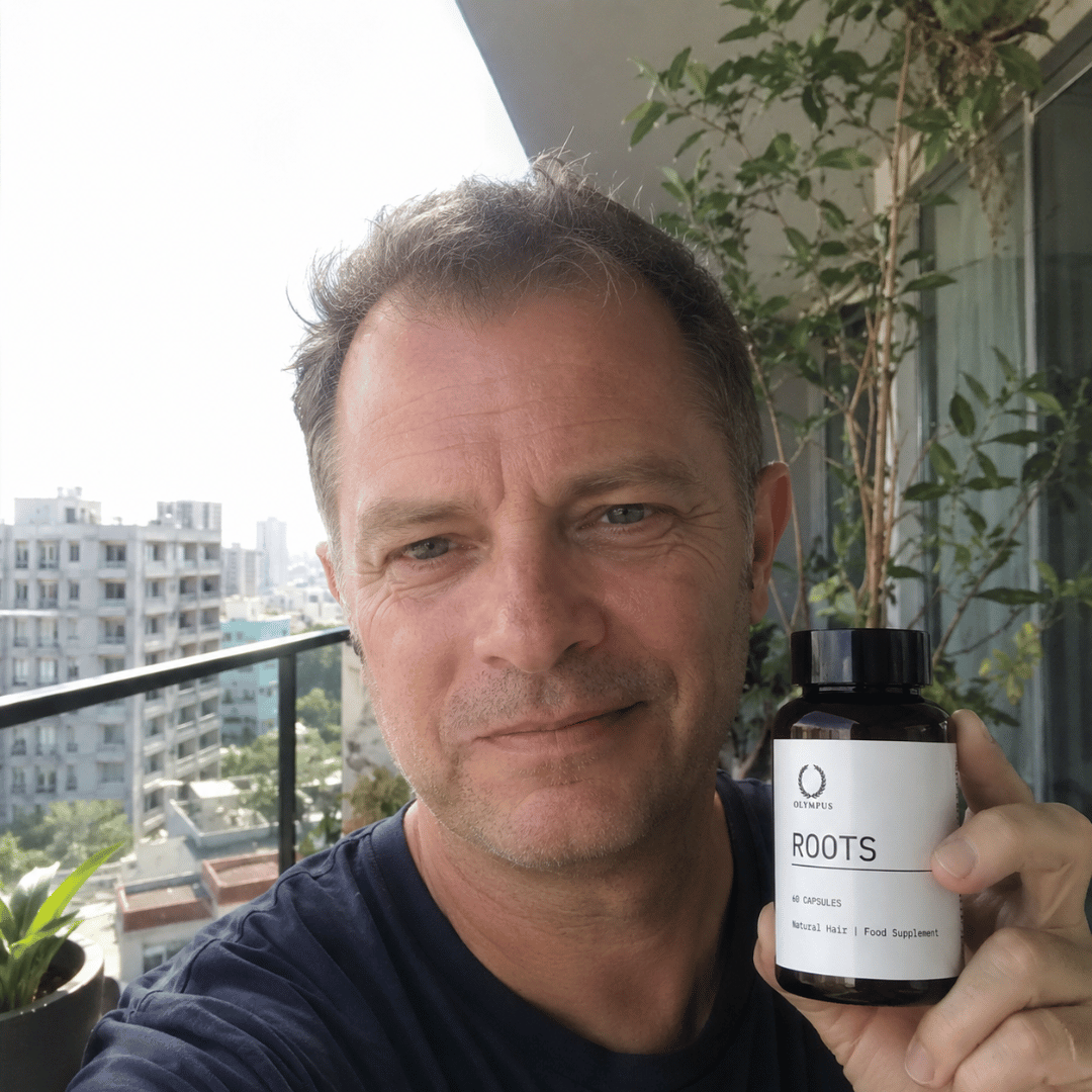 A man on a balcony holds up a bottle of Olympus Roots hair supplement.