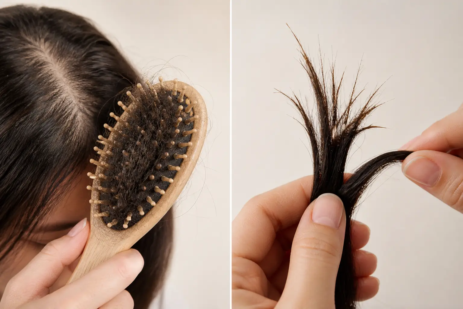 A split image showing hair loss in a brush on the left, and split ends on the right.