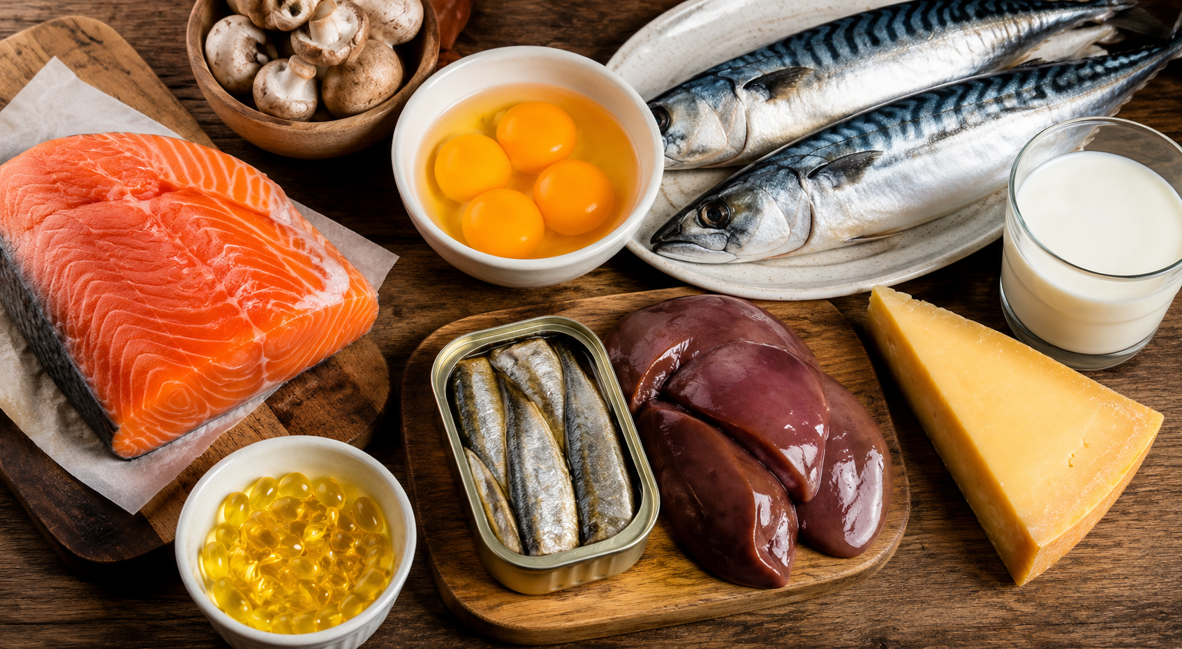 An assortment of foods including fish, liver, eggs, cheese, and milk arranged on a wooden surface.