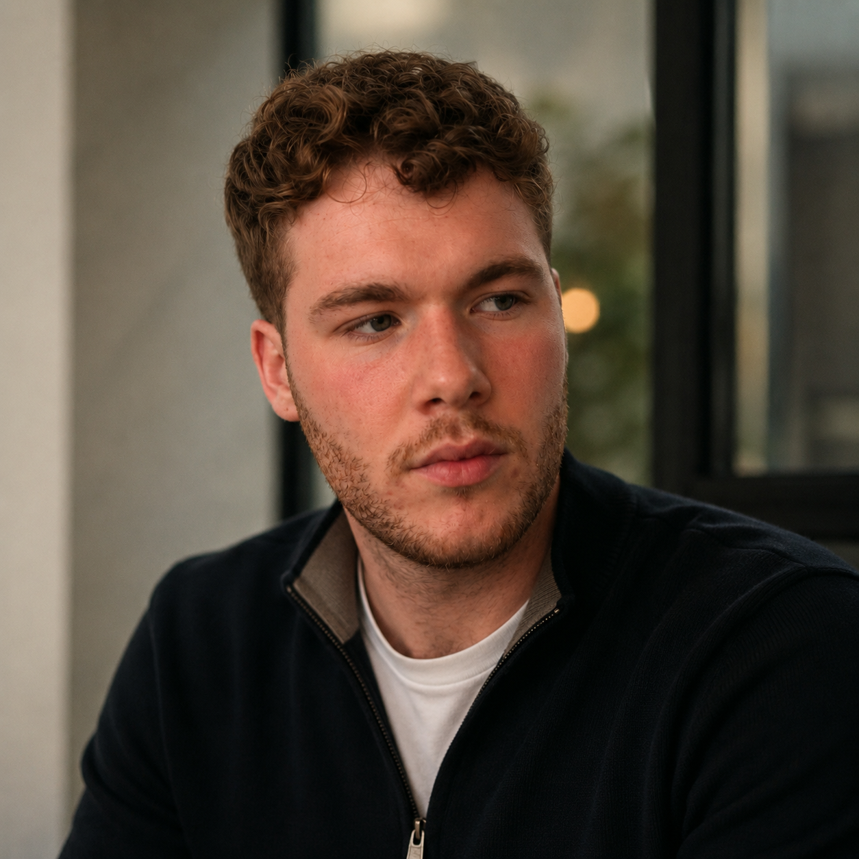 A young man with curly brown hair and light stubble, looking away from the camera.