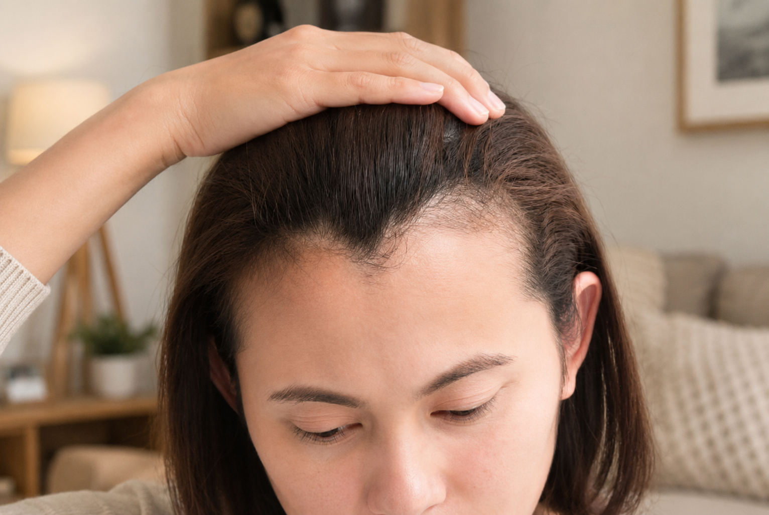 A close-up of a person with brown hair pushing it back, showing a thinning hairline.
