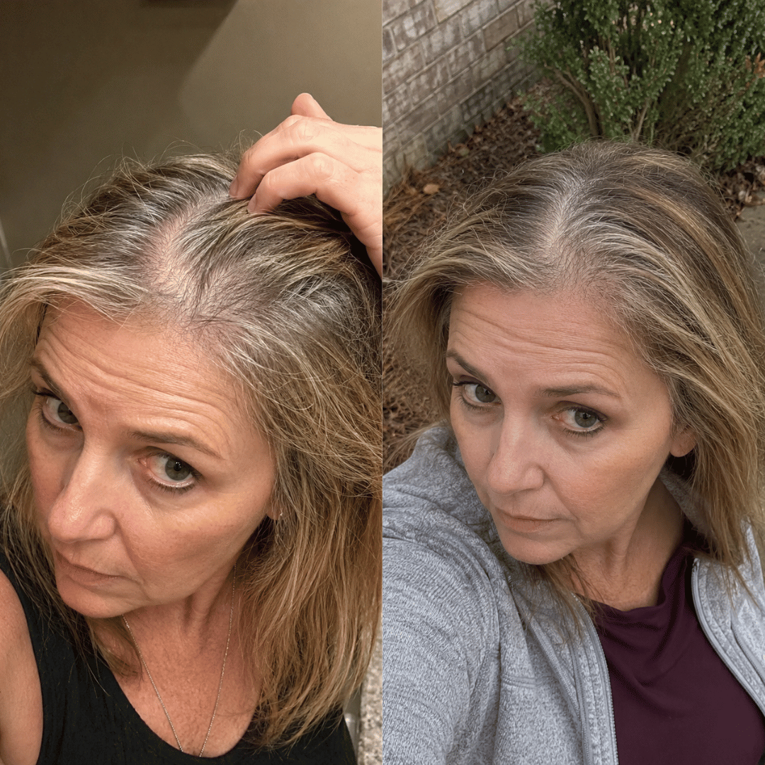 A before and after diptych of a woman showing her graying hair roots indoors and outdoors.