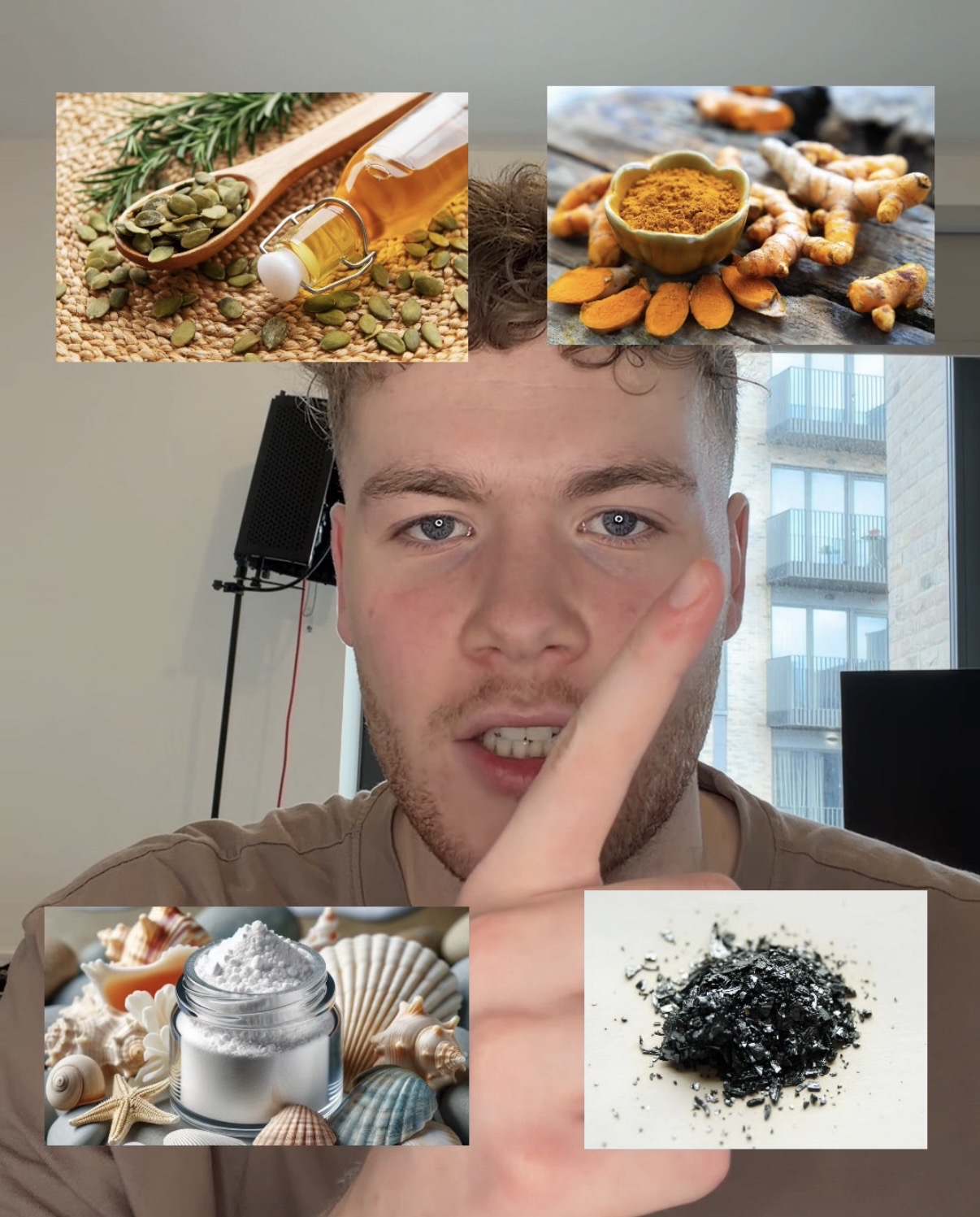 A man gestures for silence, surrounded by images of various ingredients like seeds, spices, and powders.