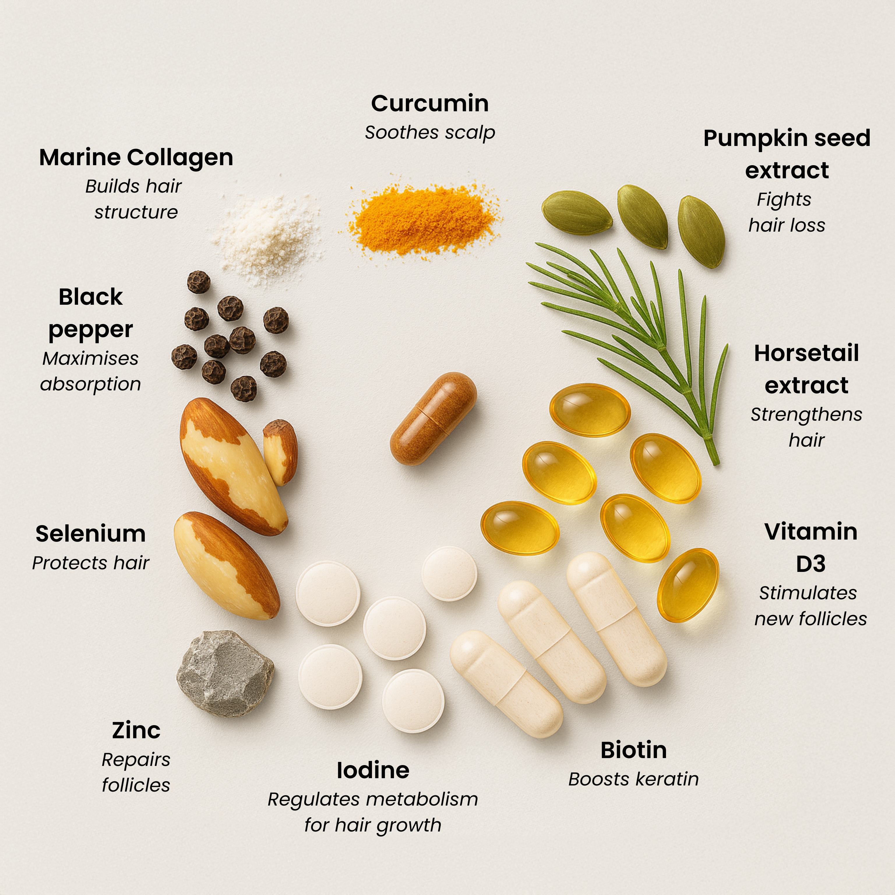 An infographic showing ingredients for hair supplements, including pills, powders, nuts, and seeds, with their benefits labeled.