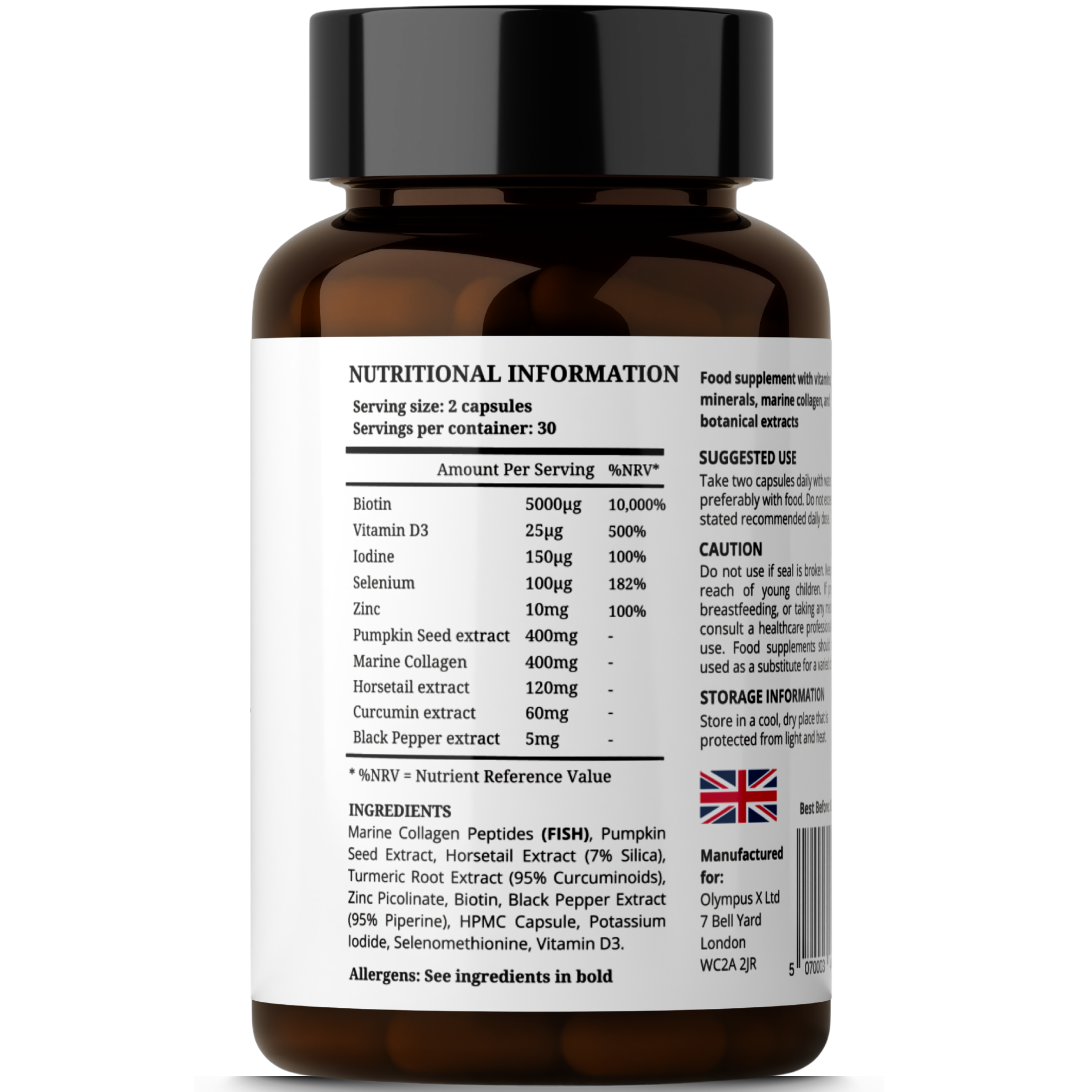 The back of a brown supplement bottle showing the nutritional information and ingredients label against a white background.