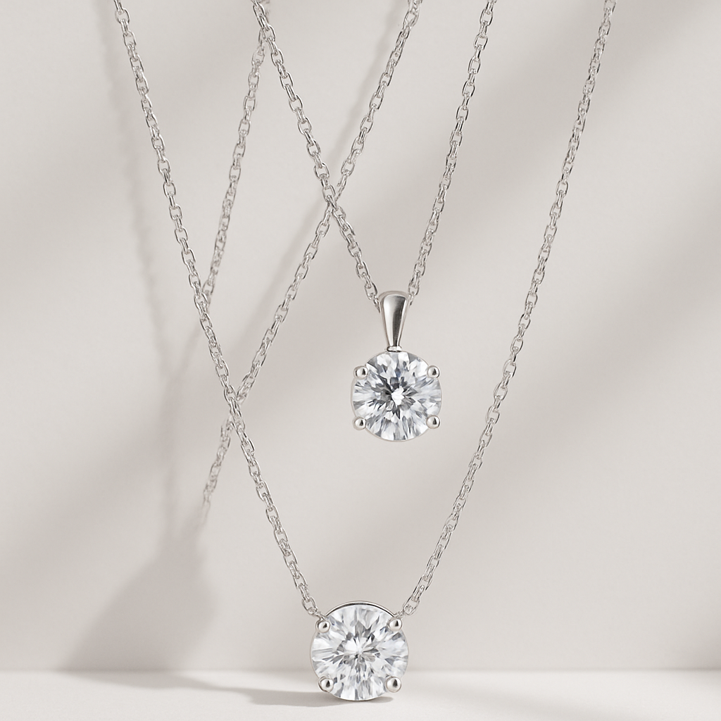 Two diamond pendant necklaces on simple chains.