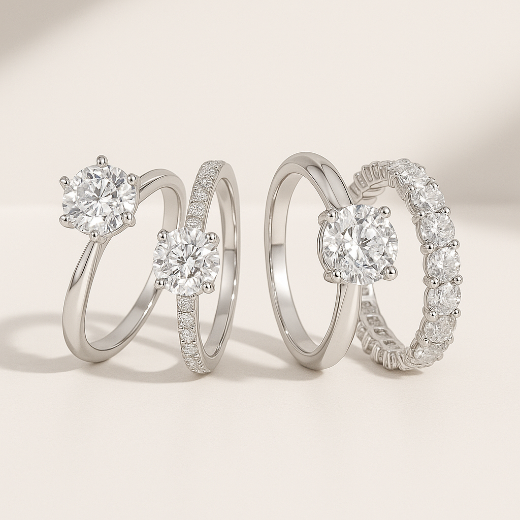 Three silver rings with large and small diamonds against a neutral background.
