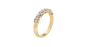 Gold ring with five evenly spaced diamonds on a transparent background.