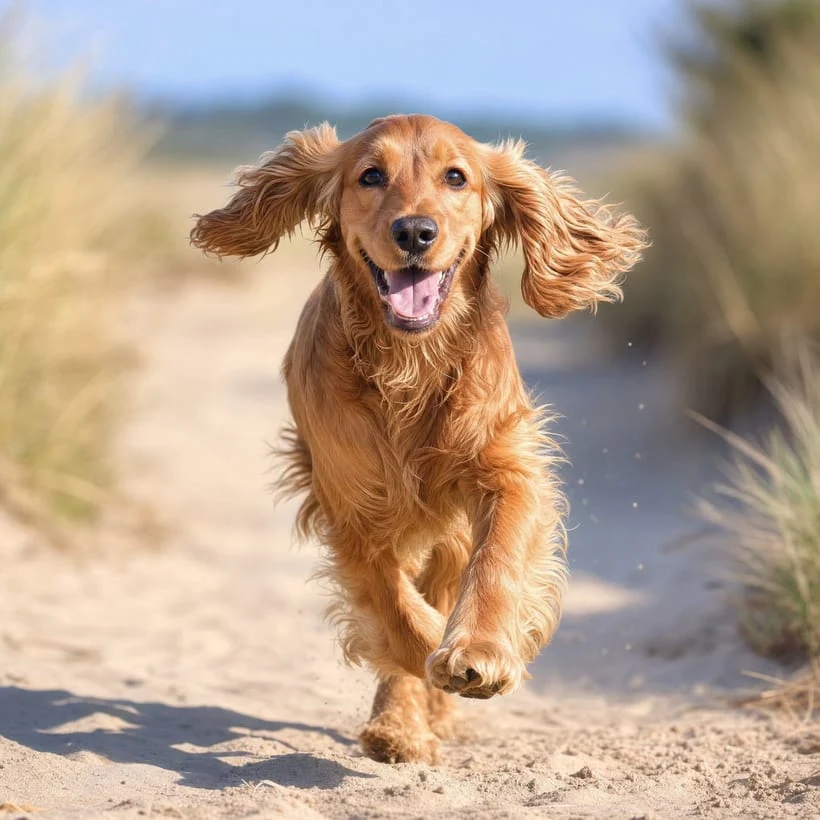 A happy golden cocker spaniel runs along a sandy path towards the camera.