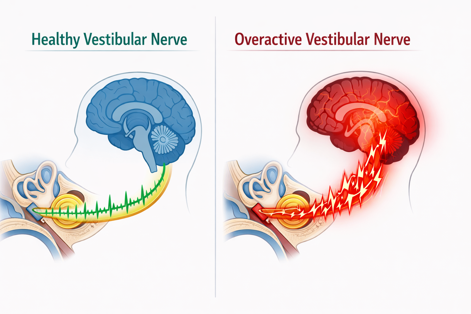 Medical illustration comparing a healthy vestibular nerve with an overactive one, showing signals sent to the brain.