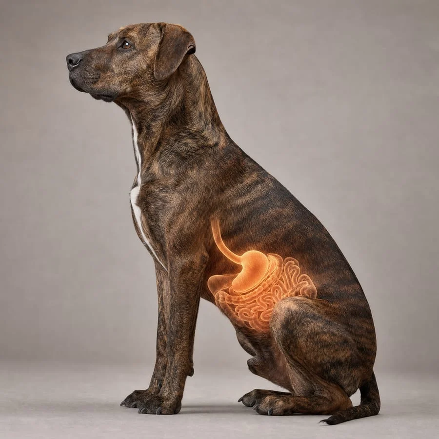 A sitting brindle dog with a glowing anatomical illustration of its stomach and intestines visible.