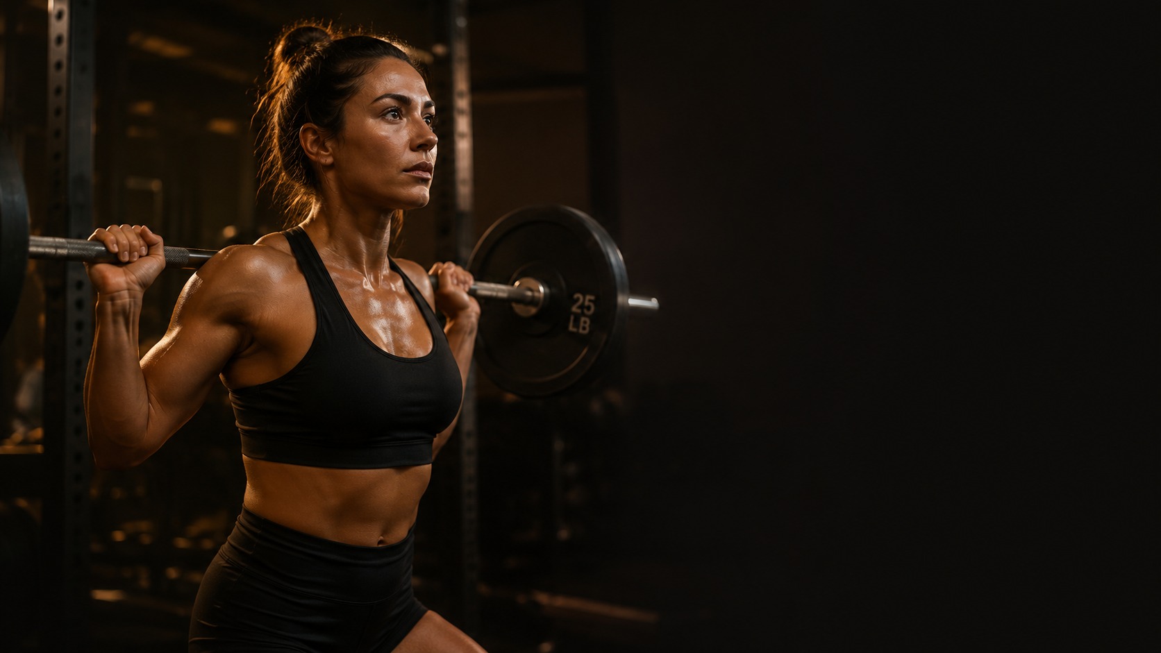 A muscular woman in a gym holds a barbell on her shoulders, preparing to do a squat.