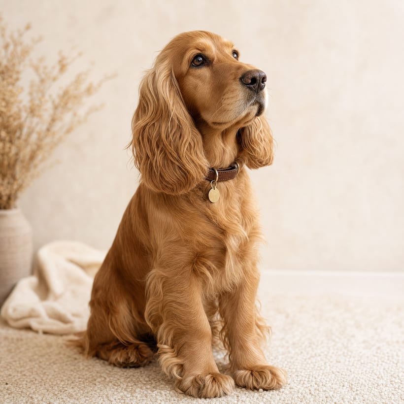A golden-brown cocker spaniel with long, floppy ears sits on a light-colored carpet, looking up and to the right.