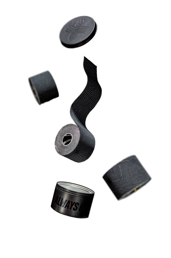 Black textured tape rolls with a wavy pattern on a white background.