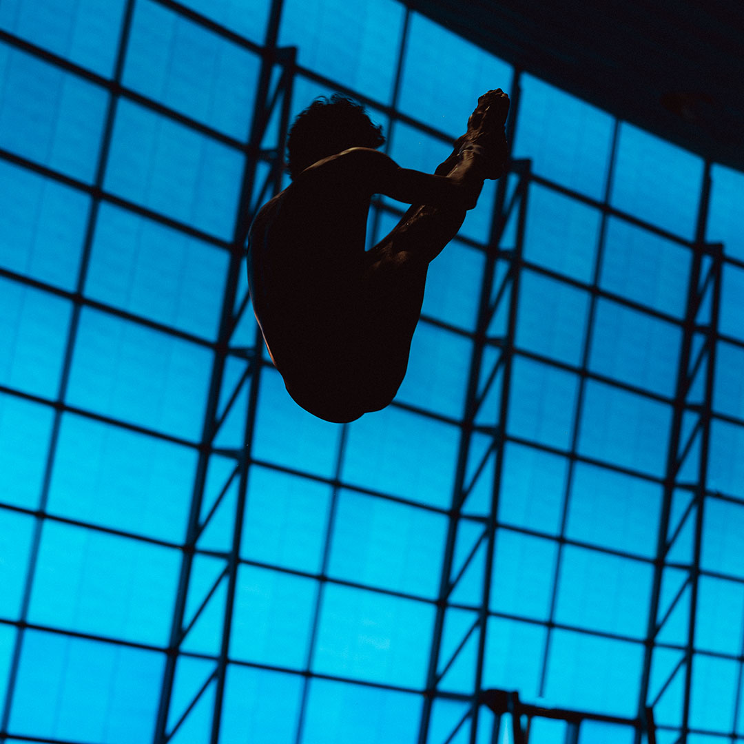 Silhouette of a diver in mid-air against a blue grid window background.
