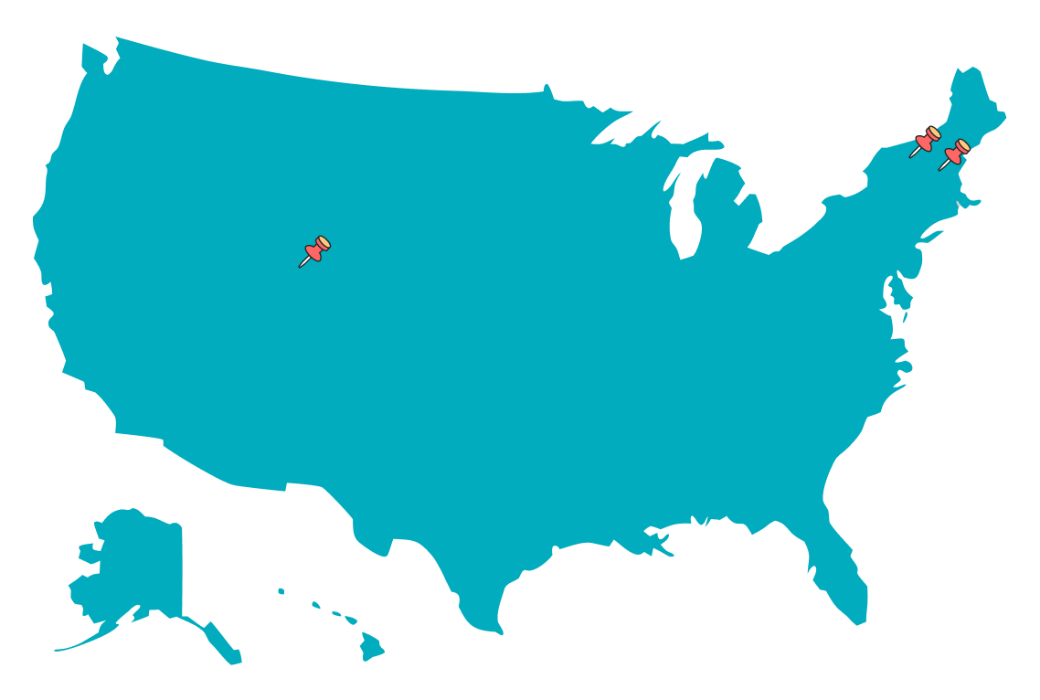 A teal illustrated map of the United States including Alaska and Hawaii, with three red push pins marking locations — one in the central-western region and two clustered in the northeastern region.
