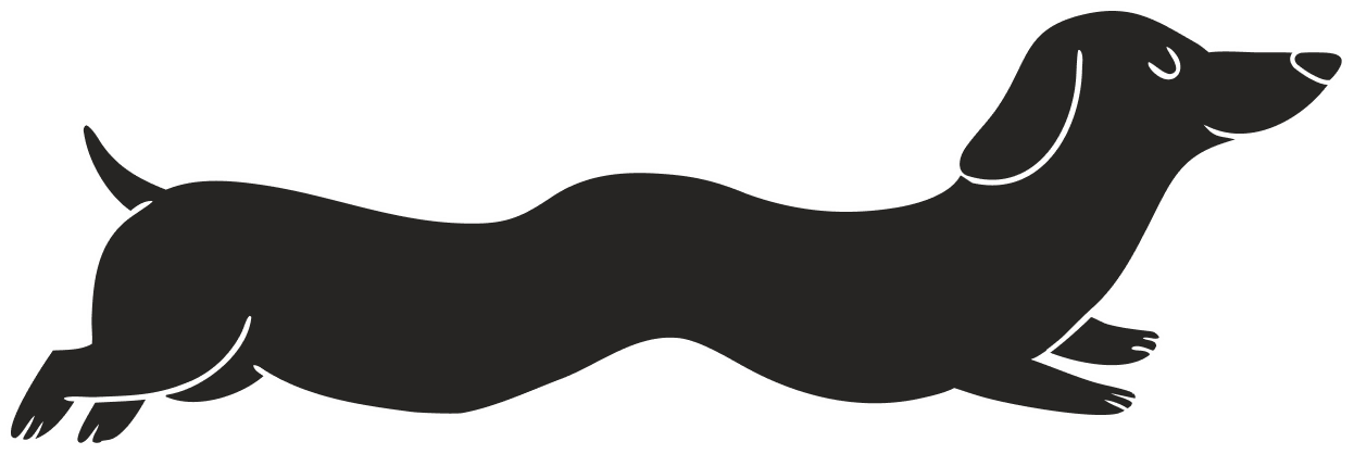 A black and white cartoon illustration of a long, wavy dachshund running.