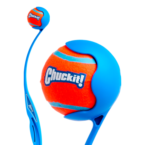 A Chuckit! ball launcher and oversized orange and blue tennis ball, shown together against a white background.
