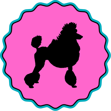 A circular scalloped badge with a teal border on a black background, featuring a black silhouette of a Standard Poodle in a show clip pose on a hot pink circle.
