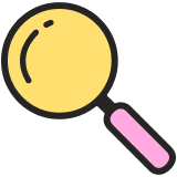 A cartoon icon of a magnifying glass with a yellow lens and a pink handle.
