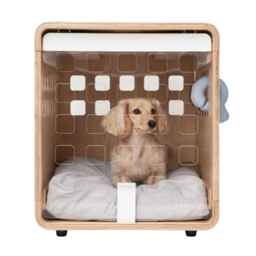 A small, long-haired tan dog sits inside a modern wooden crate with a clear, ventilated door.