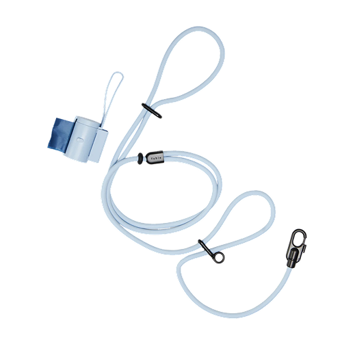 A light blue rope dog leash with black hardware and an attached matching waste bag dispenser.