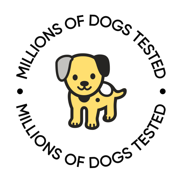 A cartoon dog in the center of a circle with the text 'Millions of dogs tested'.