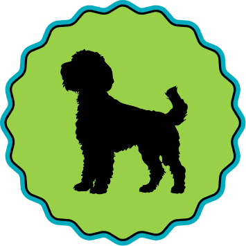 A circular scalloped badge with a teal border on a black background, featuring a black silhouette of a doodle-type dog on a lime green circle.