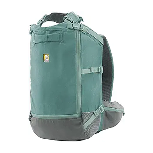 A side view of a teal and grey structured backpack against a white background.