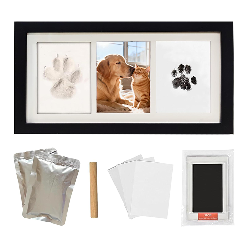 A pet paw print frame kit with a photo of a dog and cat and two paw prints.