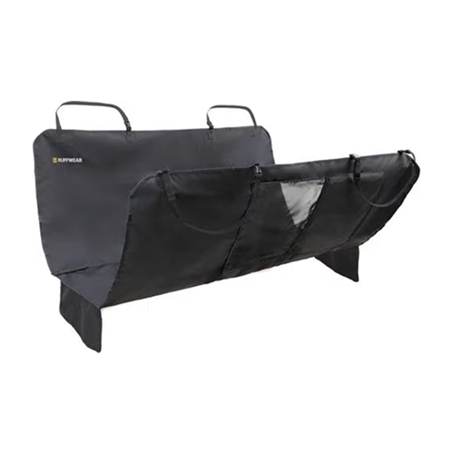 A black hammock-style car seat cover with straps and a mesh panel, on a white background.