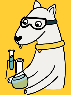 Cartoon dog wearing goggles, holding laboratory flasks with colored liquids.