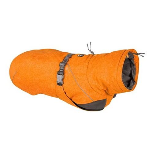 A heathered orange insulated dog coat with a high collar and a grey buckle.