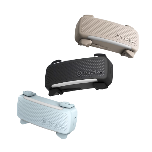 Three Tractive GPS pet trackers in beige, black, and light blue on a white background.