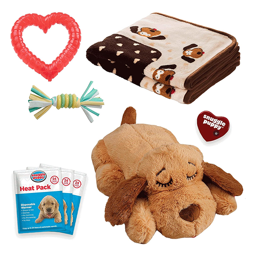 A collection of puppy toys and accessories, including a plush dog, a blanket, and chew toys.