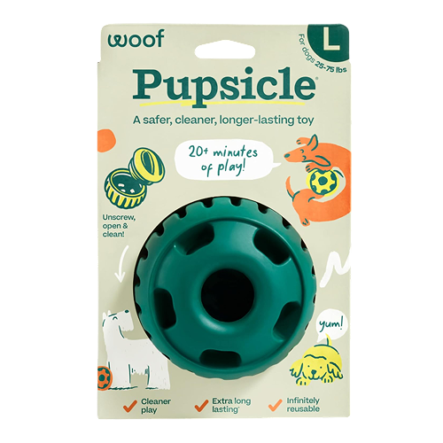 The Woof Pupsicle dog toy, a teal wheel-shaped toy, in its retail packaging.