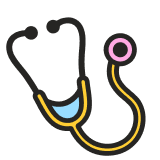 A colorful cartoon icon of a medical stethoscope with a yellow tube.